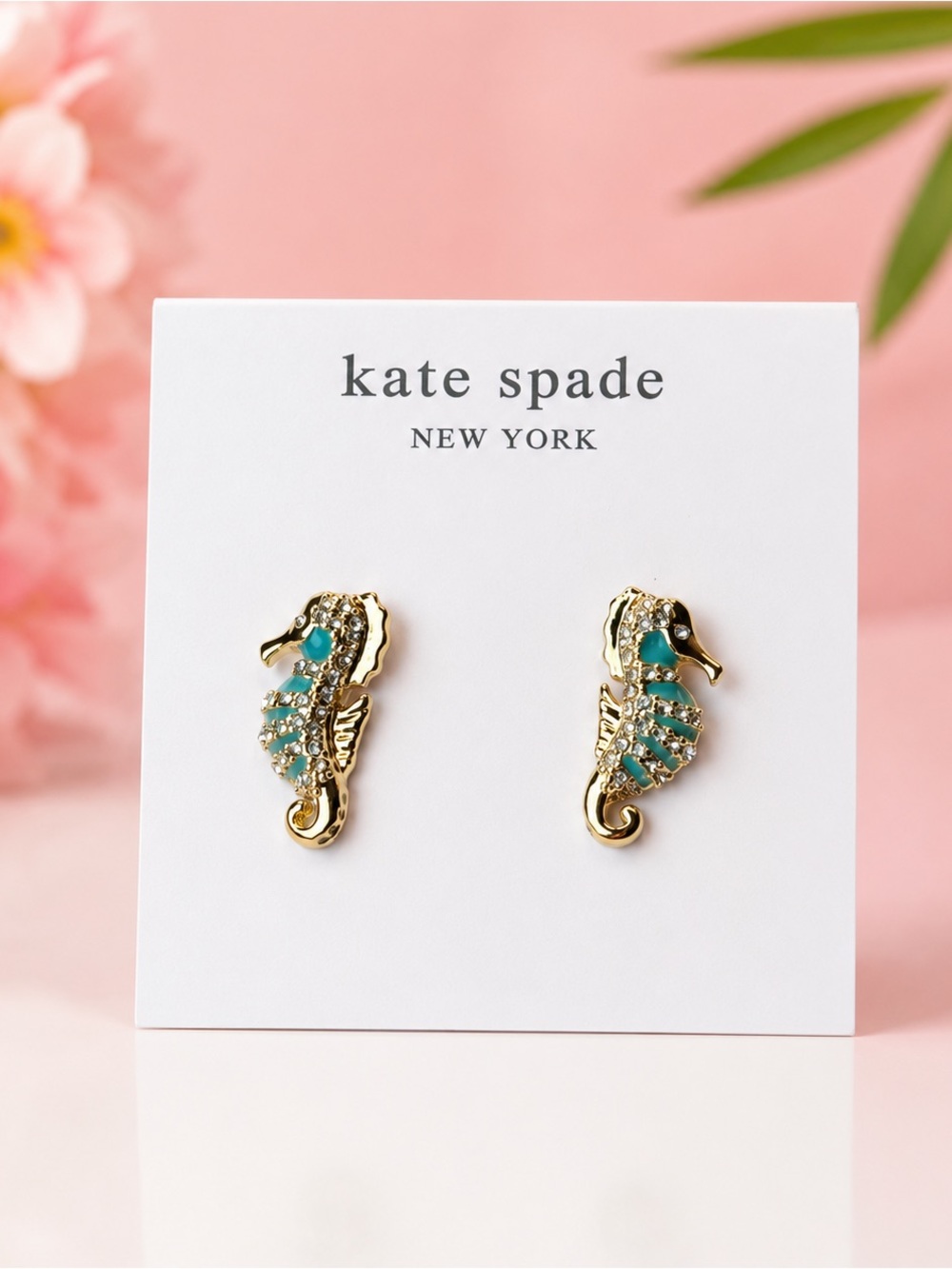 kate spade aqua seahorse stud earrings with gold-tone